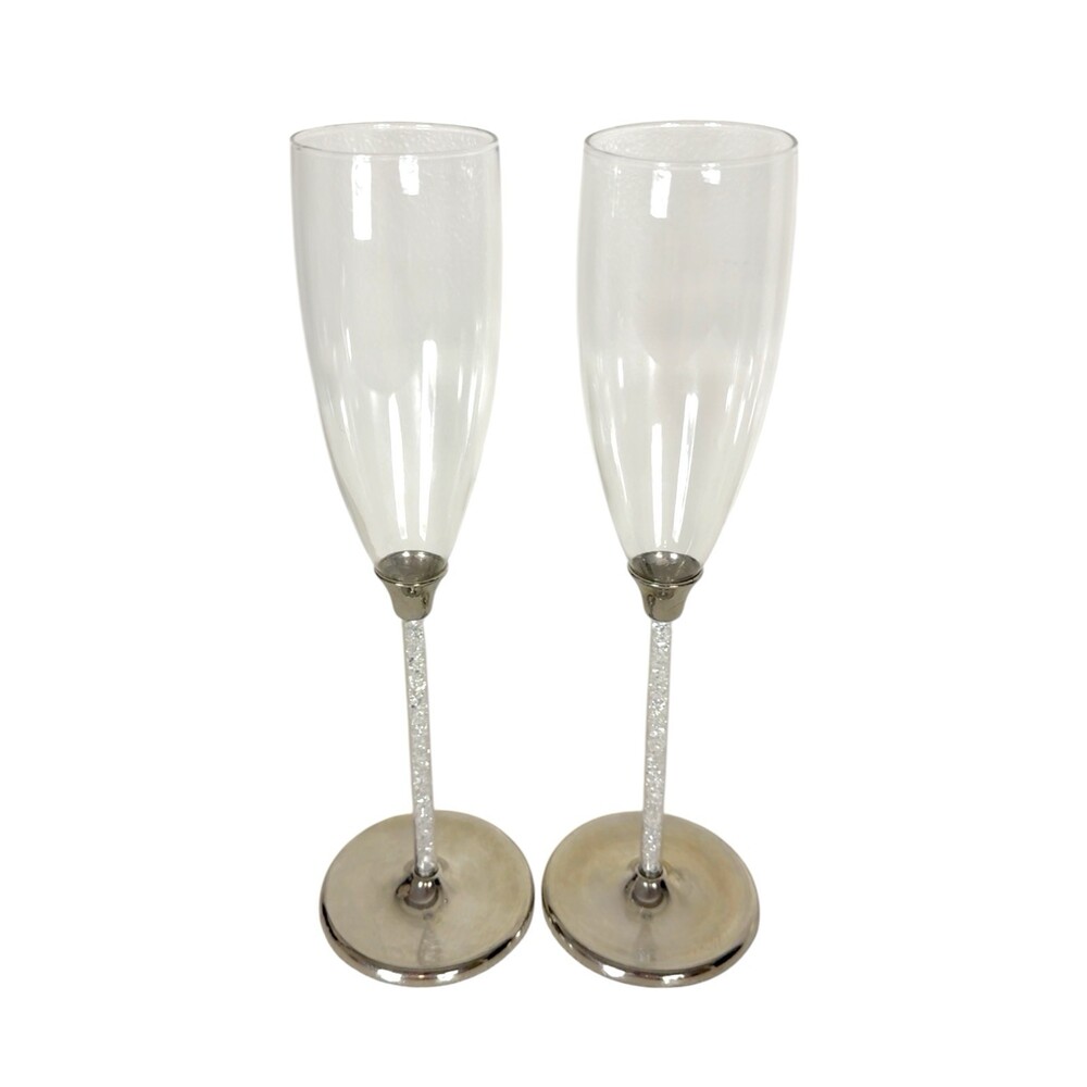 Champagne Toasting Flutes Gem Rhinestone Filled Stem Silver Bling Set of 2